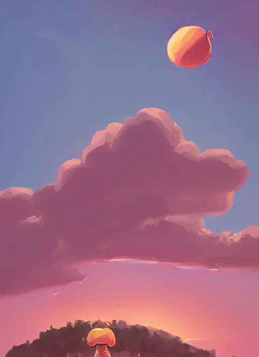 Prompt: Clouds in the shape of a peach, giant insects, digital painting by Alena Aenami, Alena Aenami, Alena Aenami, Alena Aenami, serene, artstation, concept art, 8k