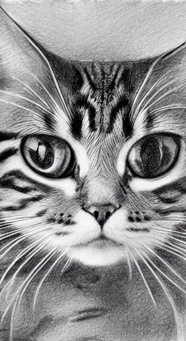 Image similar to highly detailed realistic pencil sketch on expensive paper of a beautiful cat with big green eyes in front of the universe