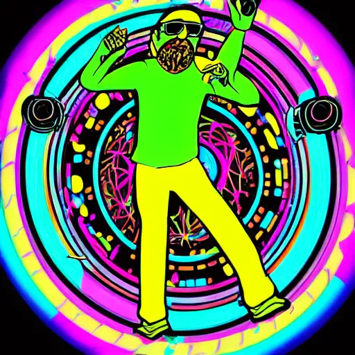 Image similar to svg sticker of a Dancing-Alex-Grey-Psychedelic-Rave-Man, at a rave, spinning records, giant headphones rocking out, wearing headphones, huge speakers, dancing, rave, DJ, spinning records, digital art, amazing composition, rule-of-thirds, award-winning, trending on artstation, featured on deviantart