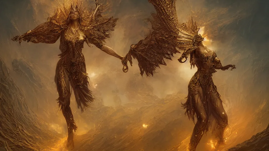 Image similar to ascending dark full body redhead goddess angel, Lupe Fuentes, intricate armor, highly detailed, glowing, action pose, cinematic, Art Deco, gold filigree, ethereal, alfonso mucha, zdzisław beksiński, Andrei ryabovichev, Shaun tan, Chriss foss, Peter mohrbacher, 4k