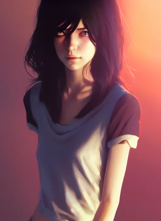 Image similar to ultradetailed beautiful stylish young lady wearing a short top, dramatic, she has black long hair, distressed, volumetric light, full body portrait by greg rutkowski, ilya kuvshinov, james jean, makoto shinkai, on artstation