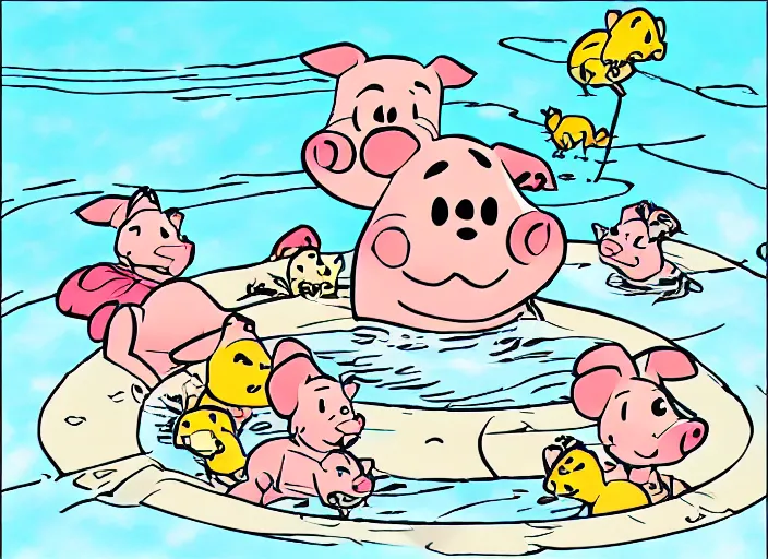 Prompt: one dalmatian piglet surrounded by chickadees in a swimming pool. comic style