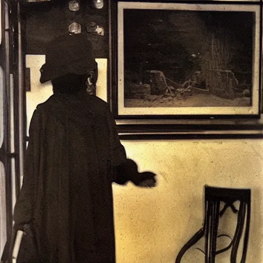 Image similar to a black monster in a gas station, vintage photography of a painting by segantini