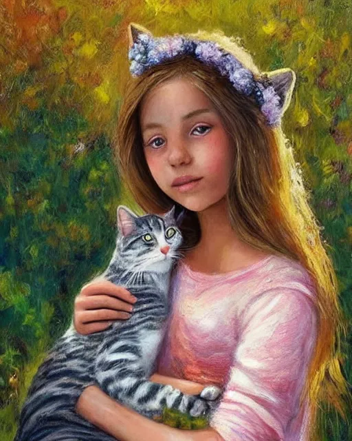 Image similar to a woman with freckled hair holding a cat, a photorealistic painting by Lilia Alvarado, pinterest, art photography, complementary colors, enchanting, lovely