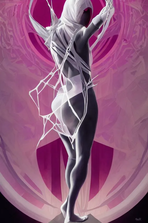 Prompt: a dramatic ethereal epic painting of Spider-Gwen | tarot card, art deco, art nouveau, realistic | dramatic lighting | by Dresden Codak, by Mark Maggiori and Alphonse Mucha | trending on artstation