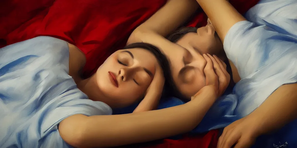 Image similar to beautiful oil matte portrait painting, young woman with closed eyes lying on a red bedsheet with blue pillows wearing a mustard yellow dress, detailed face, wonderful masterpiece highly detailed, beautiful cinematic light deep focus, elegant, digital painting, smooth, sharp focus, golden ratio, dramatic illumination, ultra realistic, 8 k, art by jimmy law