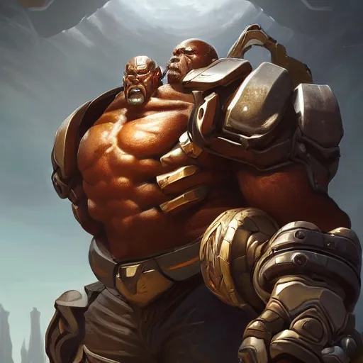 Image similar to sci fi fantasy character portrait of a huge muscular tall giant Doomfist from Overwatch, intricate, wild, highly detailed, digital painting, artstation, upper body, concept art, smooth, sharp focus, illustration, art by artgerm and greg rutkowski and alphonse mucha