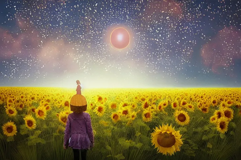 Image similar to huge sunflower head, girl walking in wheat field, hills, surreal photography, dark night, star trails, dramatic light, impressionist painting, clouds, digital painting, artstation, simon stalenhag