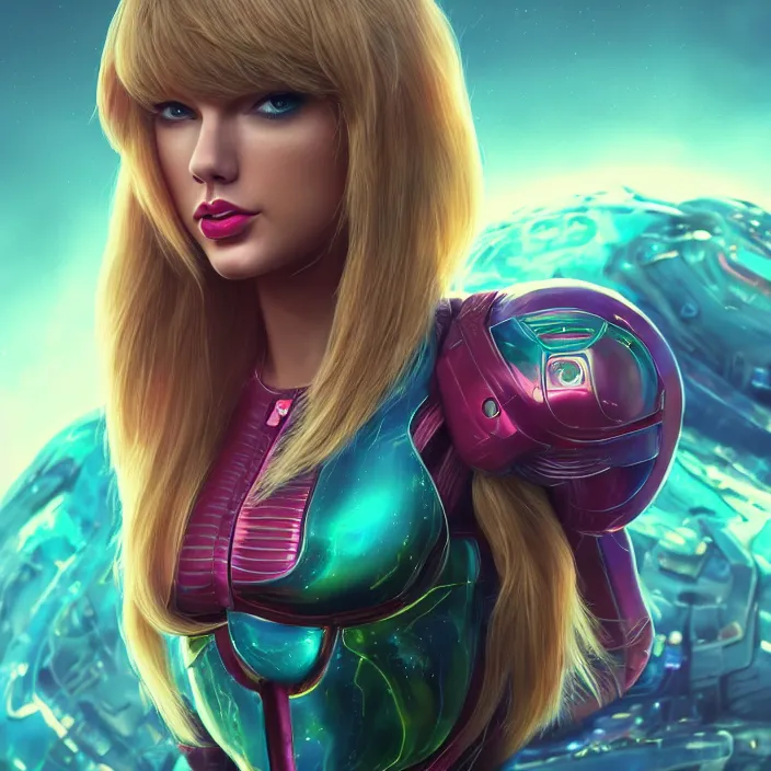 Prompt: portrait of Taylor Swift as SAMUS ARAN. HD, 4K. intricate abstract. intricate artwork. by Tooth Wu, wlop, beeple, dan mumford. octane render, trending on artstation, greg rutkowski very coherent symmetrical artwork. cinematic, hyper realism, high detail, octane render, 8k, iridescent accents. metroid