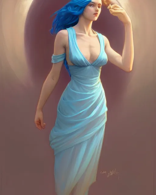 Image similar to a cyclop using a pale blue dress, dress, gentle, posing, vaporwave, bedroom, highly detailed, digital painting, artstation, concept art, smooth, sharp focus, illustration, art by artgerm and greg rutkowski and alphonse mucha