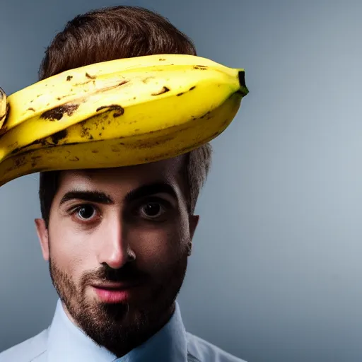 Image similar to banana head, a man wearing a suit banana head