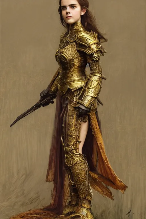 Prompt: a full body portrait of a 16-year old girl who resembles Emma Watson and Anya Taylor Joy, ornate intricate golden battle armor, intricate, elegant, highly detailed, digital painting, artstation, concept art, smooth, sharp focus, illustration, art by John William Waterhouse and greg rutkowski and Donato Giancola and alphonse mucha