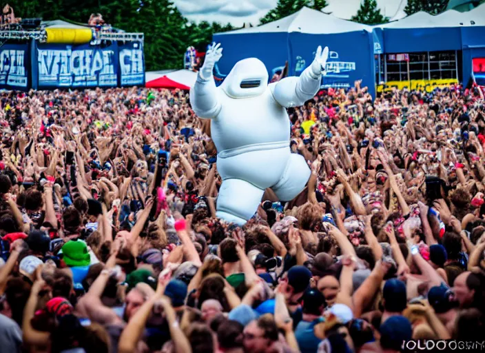 Image similar to photo still of the michelin man on stage at vans warped tour!!!!!!!! at age 3 8 years old 3 8 years of age!!!!!!! stage diving into the crowd, 8 k, 8 5 mm f 1. 8, studio lighting, rim light, right side key light