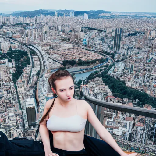 Prompt: beautiful cyborg girl looks from the cliff at the huge city, full shot