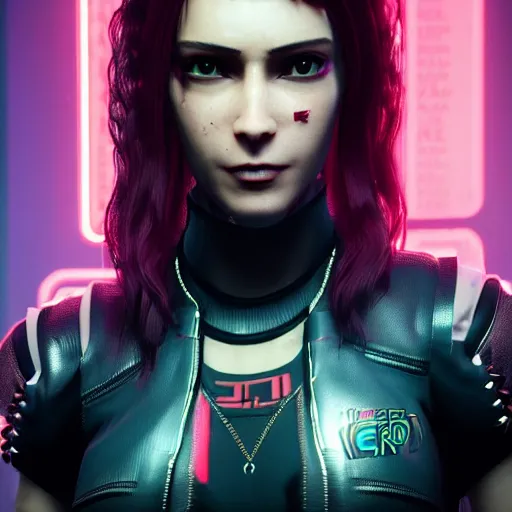 Image similar to female V from Cyberpunk 2077 wearing spiked black choker, steel collar, steel choker, punk, steel collar, 4K, realistic, spiked collar, art, beautiful,