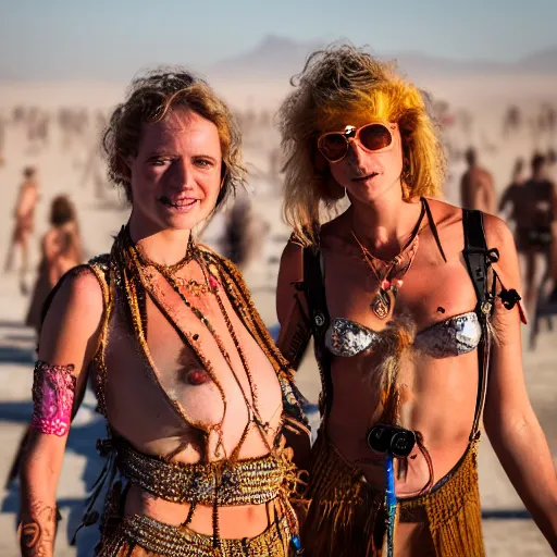 Prompt: award winning photography portrait, sini and julia at burning man, leica 1 0 0 mm f 0. 8