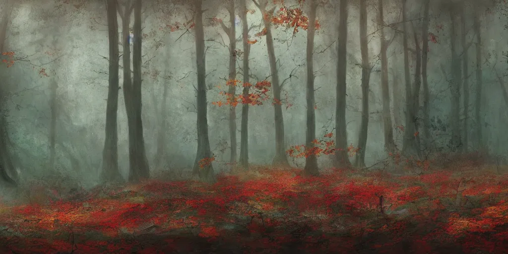 Image similar to an old broken ship in an autumn forest, green and red tones, by Aron Wiesenfeld and beksincki, cinematic, detailed illustration, nature, fog, dark colors, suspense, intricate, 8k