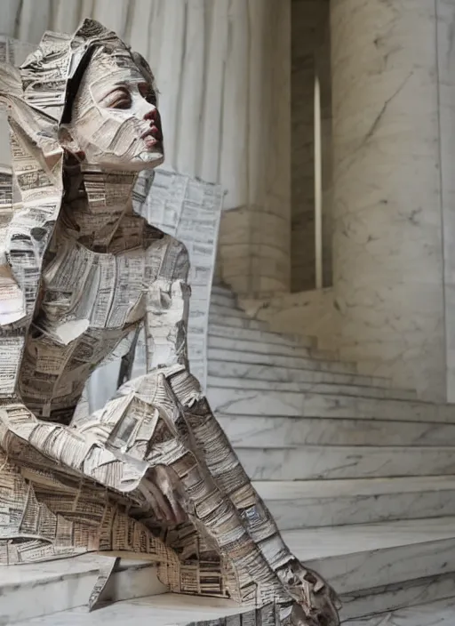 Image similar to a portrait of a beautiful young woman paper mache wrapped and made of newspaper, sitting relax and happy, marble stairs on the the background hyper realistic, 8 k,