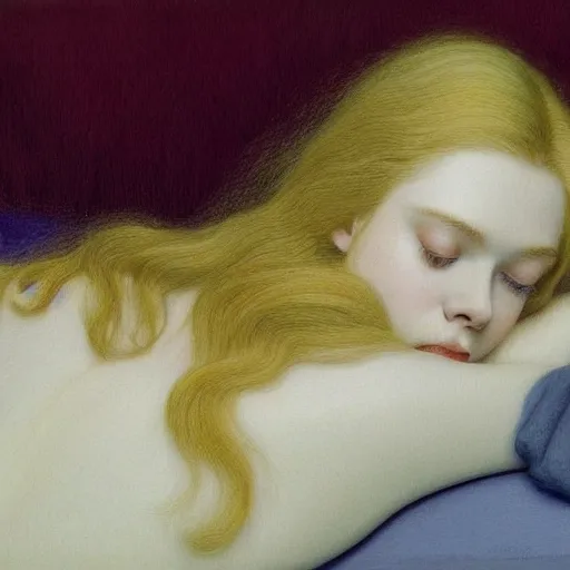 Image similar to Painting of Elle Fanning dreaming, long blonde hair, delicate, pale milky white porcelain skin, by Jean Giraud Moebius. 8K. Extremely detailed.