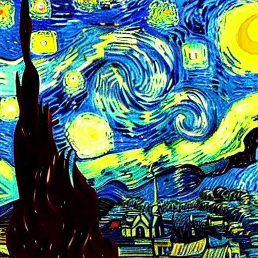 Prompt: godzilla in new york, night, landscape by Vincent Van Gogh