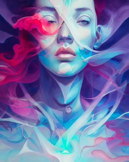 Image similar to vaporwave water smoke portrait, shattering acrylic geometric watercolor art by peter mohrbacher and artgerm