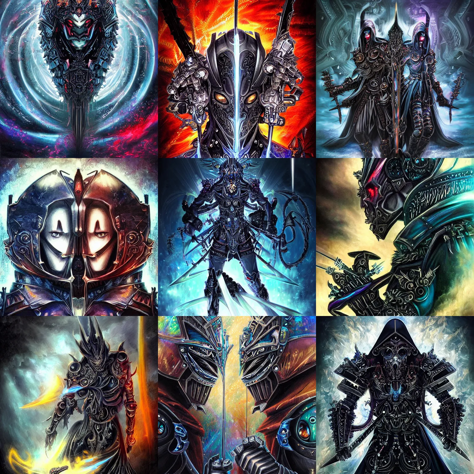 Prompt: Dark gritty symmetric high quality realistic anime art oil painting artwork of a vicious sword fight between two powerful hooded cloaked opposing iridescent intricate ornate warrior partially cybernetic dark humanoid entities and technology gods bent to destroy each other, dark gritty realistic, colorful, beautiful, armor of future technology, wielding weapons of cosmic destruction, iridescent smoke, intricate water, ornate, beautiful, smooth edges, realistic colors, moody, gothic influence, microchips, crystallic, megastructure background, multicolor glints, precious valuable elements, concept art, artstation