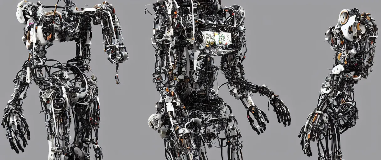 Prompt: detailed, photorealistic degenerate robot ,full body, worn and torn, cables, worker