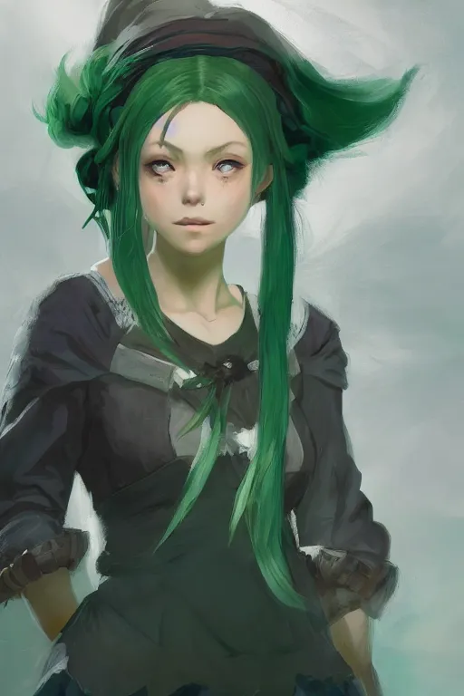 Image similar to rpg character art of a maid mage woman, green hair, highly detailed, half - body composition, by jeremy lipking, by studio ghibli, by disney, video game fanart, gorgeous face