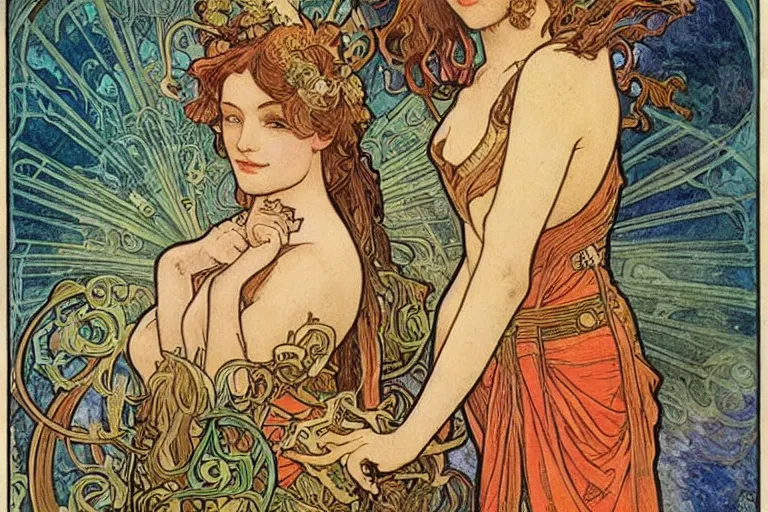 Image similar to a painting of magicians, outdoor, art by Walter Crane and Alphonse Mucha amd Ivan Bilibin, art nouveau, epic fantasty card game art, Beautiful, cinematic