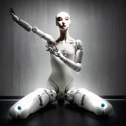 Prompt: beautiful centered fine art photo portrait of beautiful ballerina as a solarpunk robotic humanoid, white mechanical parts with led lights, ballet pose, photorealistic, white background, highly detailed and intricate, soft box lighting, hdr 8 k