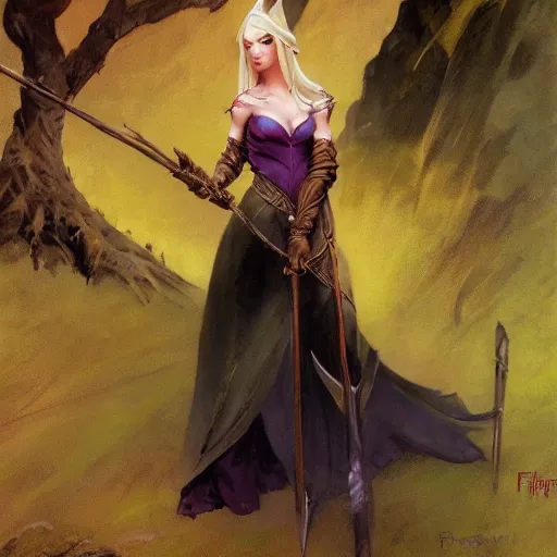 Image similar to elven princess character portrait by frank frazetta - wearing a dress, holding a staff, casting a spell, fantasy, dungeons & dragons, sharp focus, beautiful, artstation contest winner, detailed