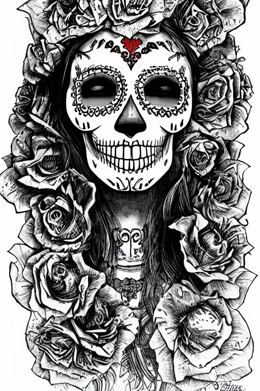 Image similar to illustration of a sugar skull day of the dead girl, art by barry winsor smith