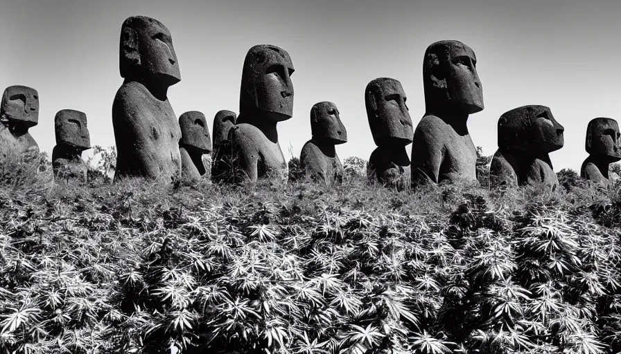 Image similar to black and white noir film. moai. cannabis plants everywhere.