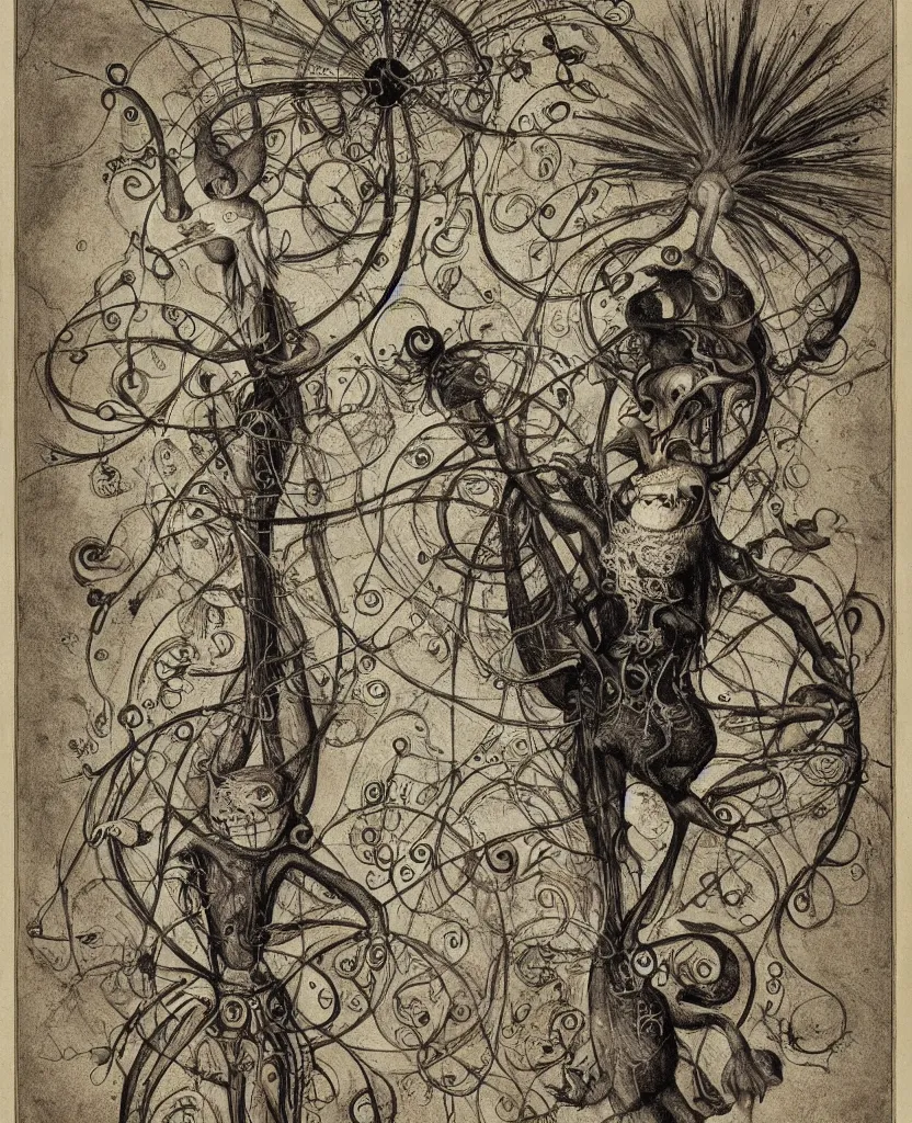 Image similar to whimsical freaky creature sings a unique canto about'as above so below'being ignited by the spirit of haeckel and robert fludd, breakthrough is iminent, glory be to the magic within, painted by ronny khalil