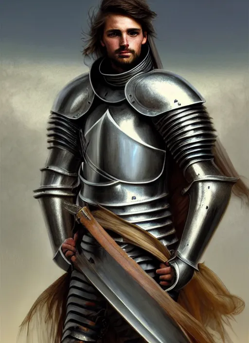 Image similar to handsome male knight in armor emotional portrait!! murky sandy dusty atmosphere, wind blowing, portrait, fairytale, physical mental perfection, symmetrical! intricate, romanticism, highly detailed, biblical divine holy perfection!! digital painting, artstation, concept art, smooth, sharp focus, by artgerm and greg rutkowski and alphonse mucha