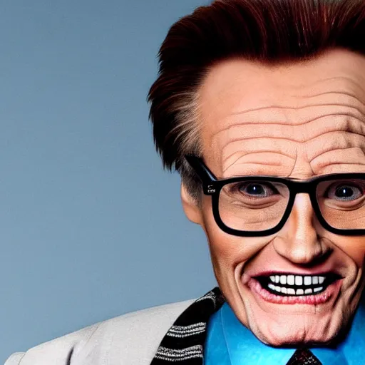 Image similar to hyperrealistic portrait of jim carrey as larry king, looking old and decrepit and dressed like an old gay man