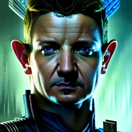 Image similar to portrait painting of a cyberpunk elf policeman who looks like jeremy renner, ultra realistic, concept art, intricate details, eerie, highly detailed, photorealistic, octane render, 8 k, unreal engine. art by artgerm and greg rutkowski and charlie bowater and magali villeneuve and alphonse mucha