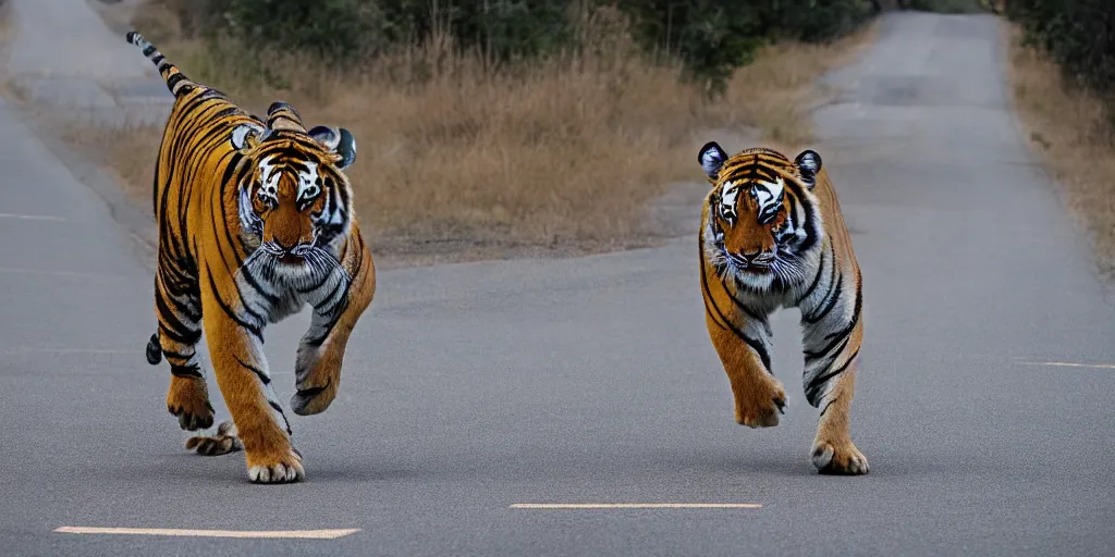 Prompt: tiger king in full speed in a empty street, kieth thomsen