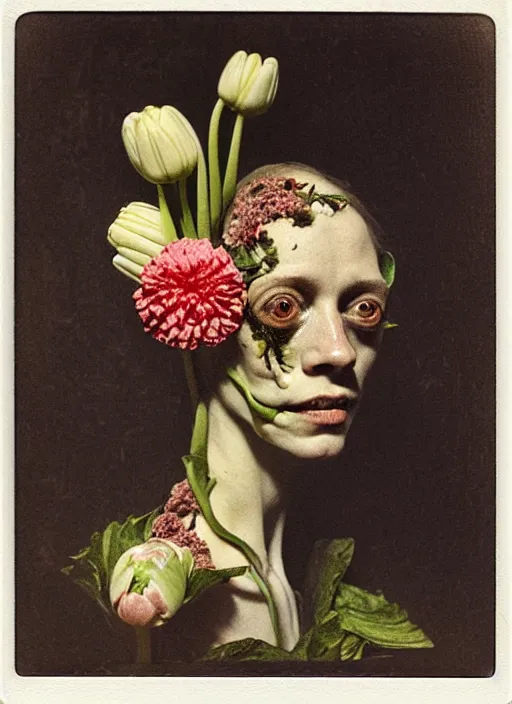 Prompt: beautiful and detailed rotten woman made of plants and carnation, chrysanthemum, tulips, muscles, intricate, organs, ornate, surreal, john constable, guy denning, gustave courbet, caravaggio, romero ressendi 1 9 1 0 polaroid photo