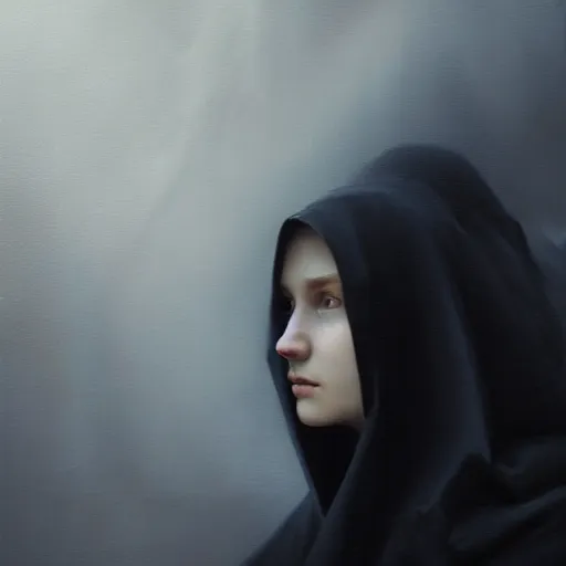 Image similar to a portrait of a young woman wearing a long dark cloak, hood and shadows covering face, anatomically correct, beautiful perfect face, enigmatic, oil painting, matte painting, black background, Volumetric Golden dappled dynamic lighting, Highly Detailed, Cinematic Lighting, Unreal Engine, 8k, HD, by Beksinski