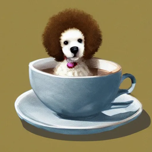 Image similar to Concept art of cute poodle sitting inside a tea cup