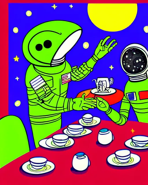 Prompt: an illustration of an astronaut meeting an alien for afternoon tea. funny. detailed. colorful. psychedelic