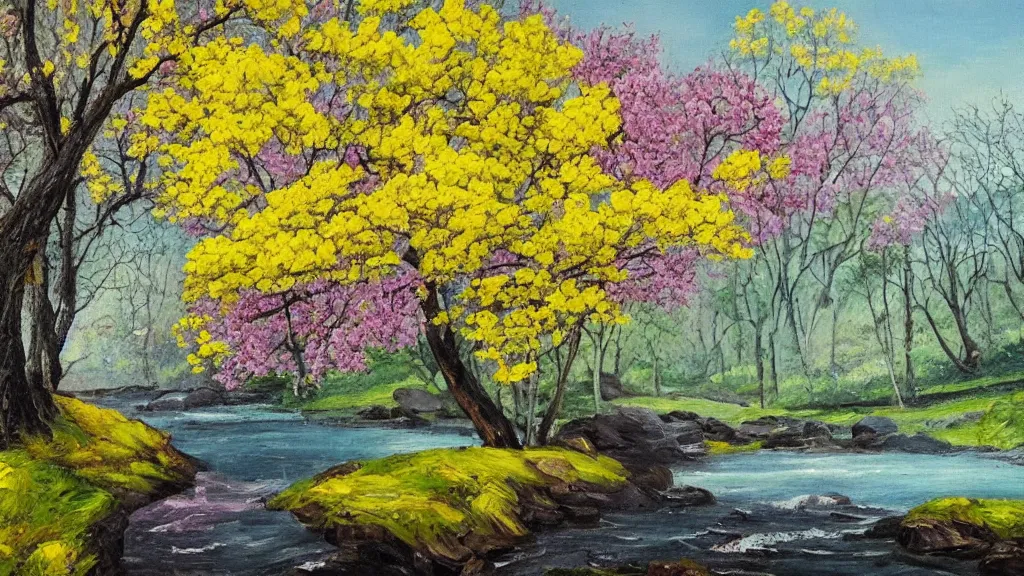 Prompt: A beautiful landscape oil painting of a hill with trees, a person is walking trhough the river and anoter person is sitting under a tree, the spring has arrived and the trees are blooming and covered with yellow, pink, purple and red flowers, the river come from the waterfall and is zigzagging and flowing its way, the river has lots of dark grey rocks, by Greg Rutkowski