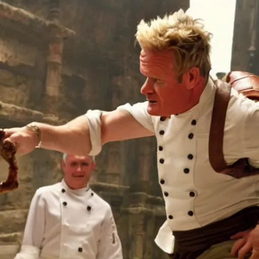 Prompt: candid shot of gordon ramsey is indiana jones finding the lamb sauce, indiana jones