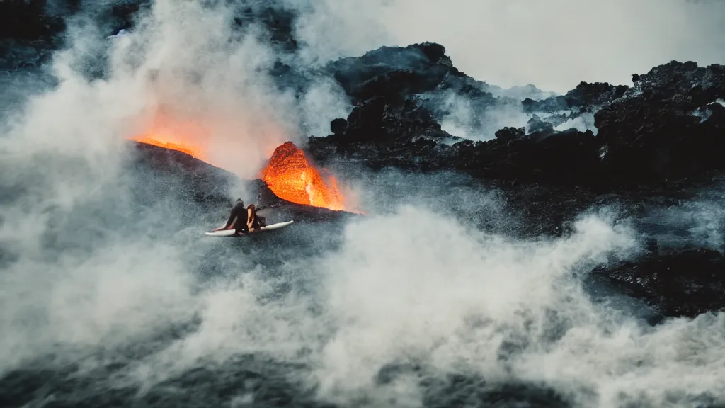 Prompt: person in armor surfing down a river of lava on the side of a volcano on surfboard, action shot, dystopian, thick black smoke and fire, motion blur, sharp focus, cinematic, closeup