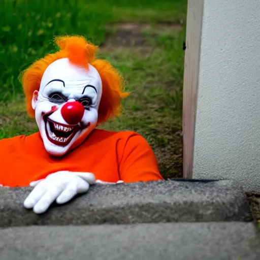 Prompt: it. clown with sharp teeth, red nose and orange hair smiling evilly from storm drain