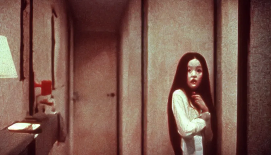 Image similar to 7 0 s film still from a horror movie starring olivia hussey, kodachrome, cinecolor, cinestill, film grain, film texture, retro, cinematic, high resolution, photorealism,