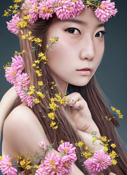 Prompt: a Japanese girl with long hair wears floral crown, stoic attitude, zenithal lighting, ultra detailed, highly detailed, sharp focus, golden background with flowers, photorealism,pose by Hajime Sorayama, art by Hirothropologie , artgerm and Patrick DeMarchelier