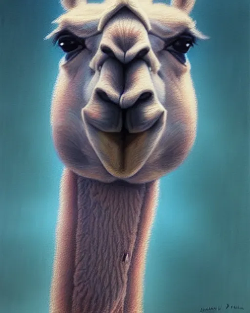 Image similar to art championship winner trending on artstation portrait of a llama, portrait cute-fine-face, pretty face, realistic shaded Perfect face, fine details. Anime. realistic shaded lighting by katsuhiro otomo ghost-in-the-shell, magali villeneuve, artgerm, rutkowski, WLOP Jeremy Lipkin and Giuseppe Dangelico Pino and Michael Garmash and Rob Rey head and shoulders, blue hair, matte print, pastel pink neon, cinematic highlights, lighting, digital art, cute freckles, digital painting, fan art, elegant, pixiv, by Ilya Kuvshinov, daily deviation, IAMAG, illustration collection aaaa updated watched premiere edition commission ✨✨✨ whilst watching fabulous artwork \ exactly your latest completed artwork discusses upon featured announces recommend achievement