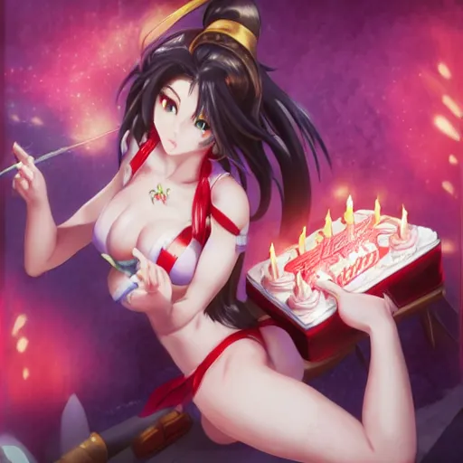 Prompt: mai shiranui blowing out candles on a birthday cake, fun party atmosphere, anime, video game, livia prima